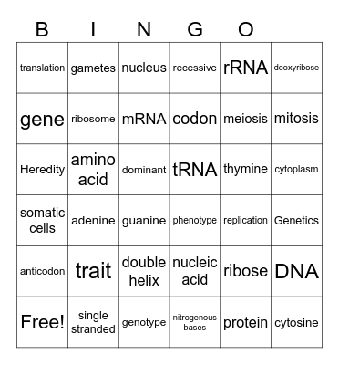Central Dogma Bingo Card