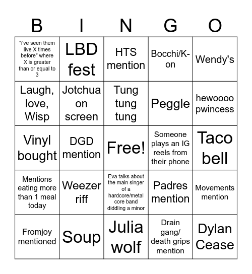 Bandcamp Bingo Card