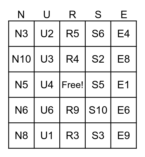 Nurse's Week Bingo Card