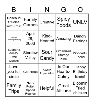 Emiri's Birthday Bingo Card