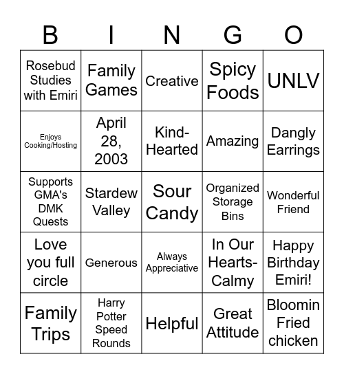 Emiri's Birthday Bingo Card