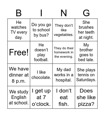 Present Simple Bingo Card