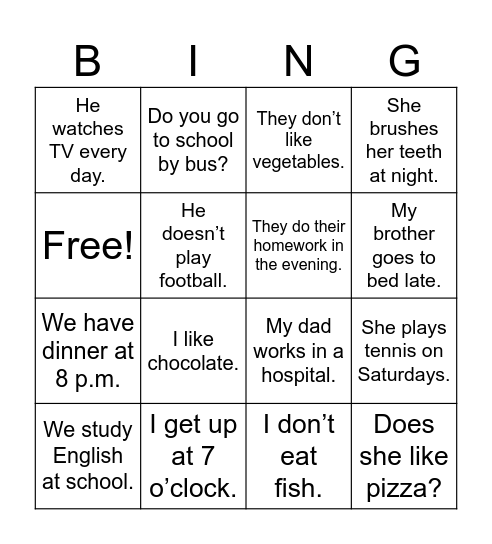 Present Simple Bingo Card