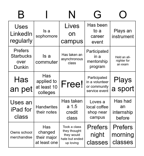 Meet the Mentors Bingo Card