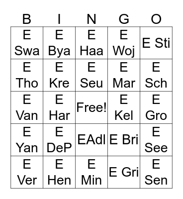 Call Number Bingo Card