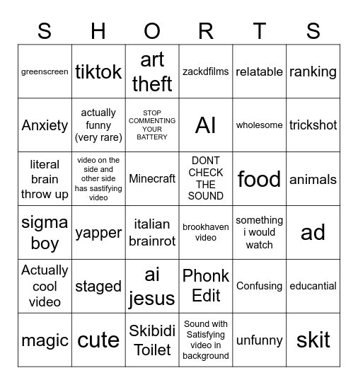 youtube shorts Bingo Card