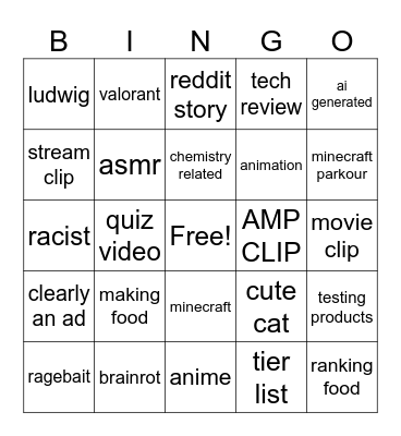 yt shorts Bingo Card