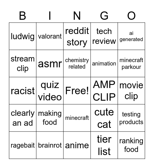 yt shorts Bingo Card