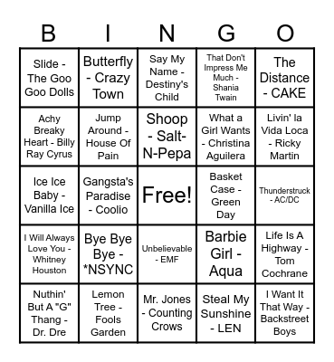 90s Hits! Bingo Card