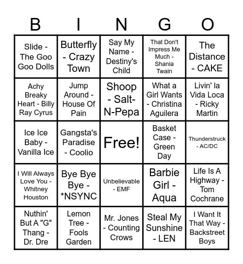 90s Hits! Bingo Card