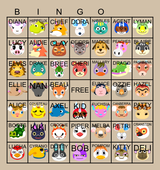 ACNH Villager Hunt Bingo Card