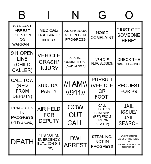 911 DISPATCHER Bingo Card