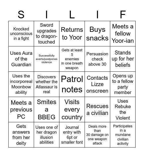 Silif Bingo Card