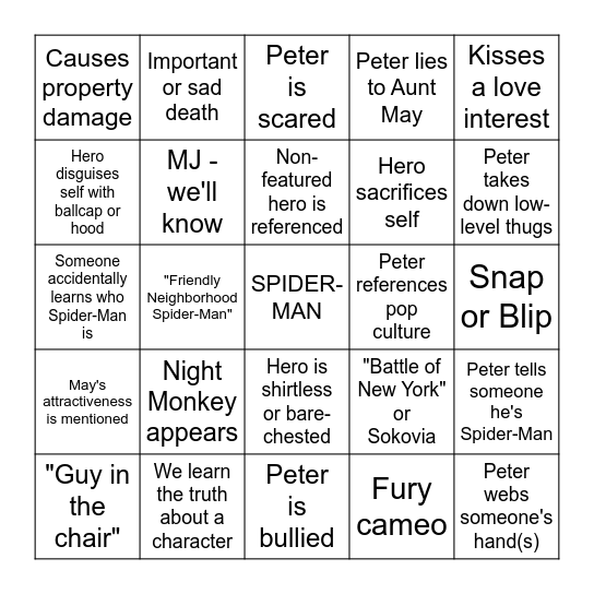 SPIDER-MAN NO WAY HOME Bingo Card