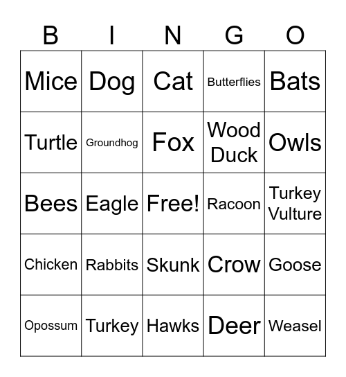 Wildlife Bingo Card