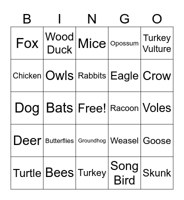 Wildlife Bingo Card