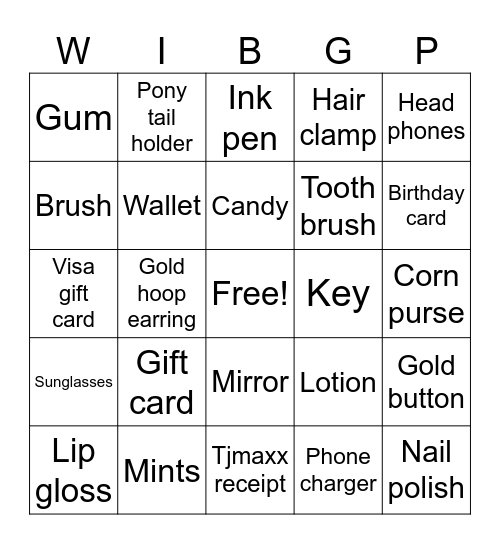 What is in Birthday Girls Purse Bingo Card