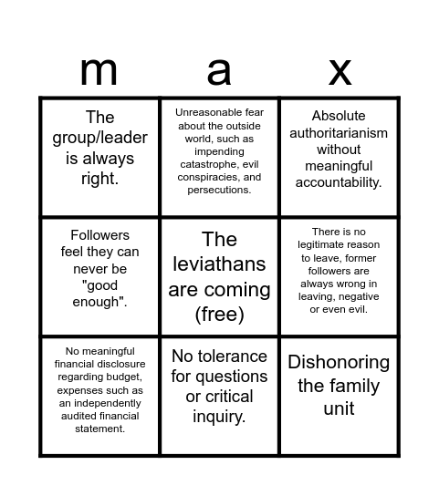 Mama max Bingo Card