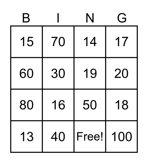 Numbers Bingo Card