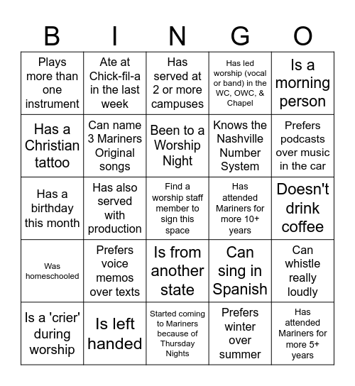 Mariners Worship Team Night Bingo Card