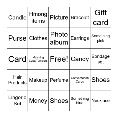 Bridal Gift Bingo Card
