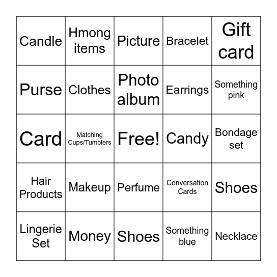 Bridal Gift Bingo Card