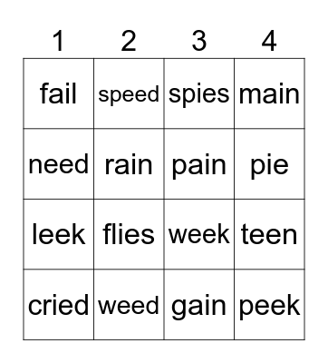 phonics bingo Card