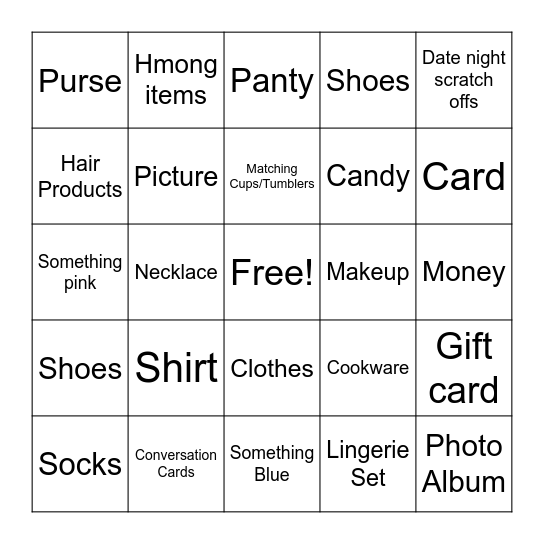 Bridal Gift Bingo Card