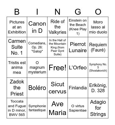 Classical Music Bingo Card