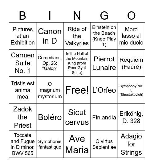 Classical Music Bingo Card