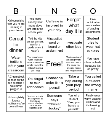 Tired Teacher Bingo Card