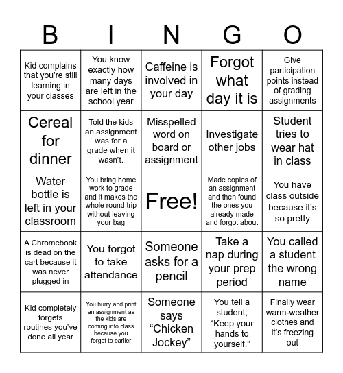 Tired Teacher Bingo Card