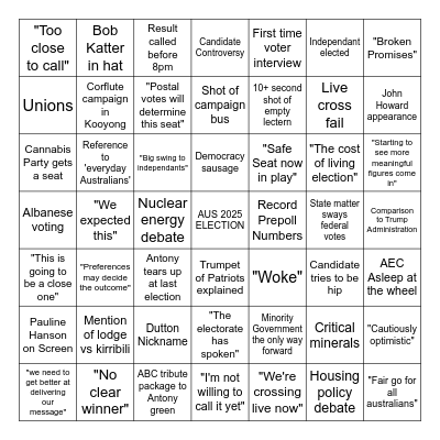 Australian 2025 Election Bingo Card