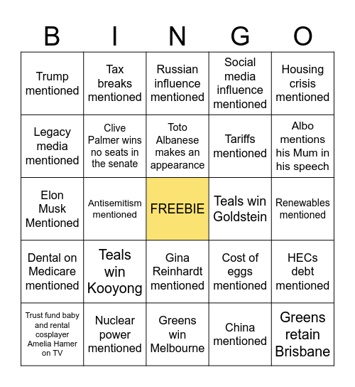 Election Silliness Bingo Card