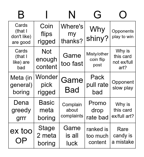 Complaint Bingo Card