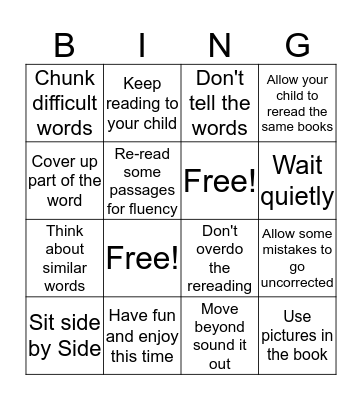 Tips for Reading Homework Bingo Card