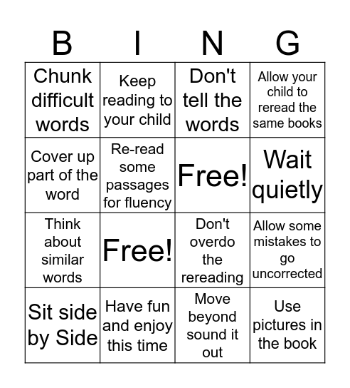 Tips for Reading Homework Bingo Card