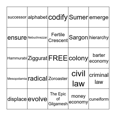 Vocab Bingo Ancient Middle East & Egypt Bingo Card