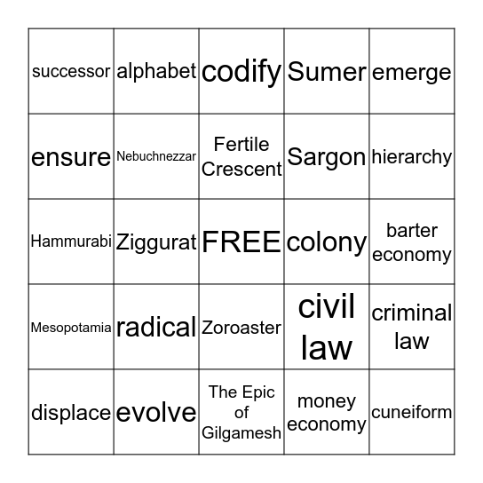 Vocab Bingo Ancient Middle East & Egypt Bingo Card