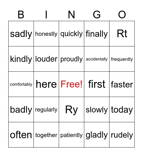 Adverb Bingo! Bingo Card