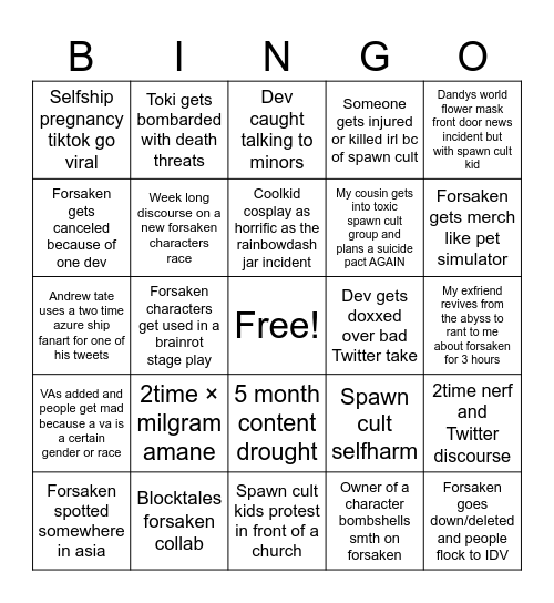 FORSAKEN FANDOM PREDICTIONS Bingo Card