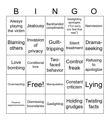 toxic behaviours Bingo Card