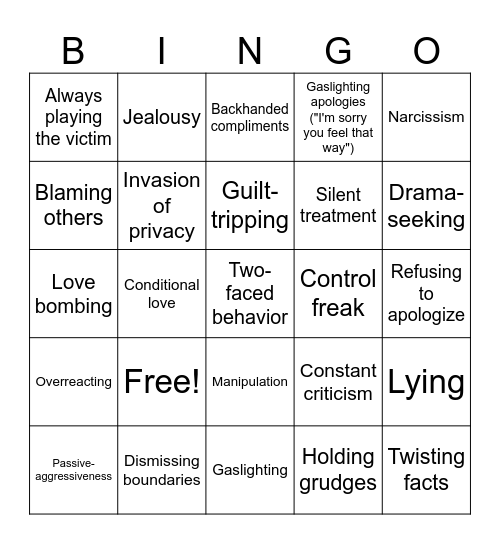toxic behaviours Bingo Card