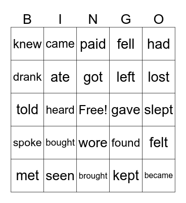 Irregular Verbs (Past Tense) Bingo Card