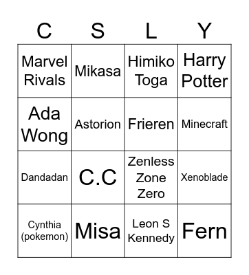 Cosplay Bingo Card