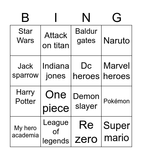 Comic con bingo Card