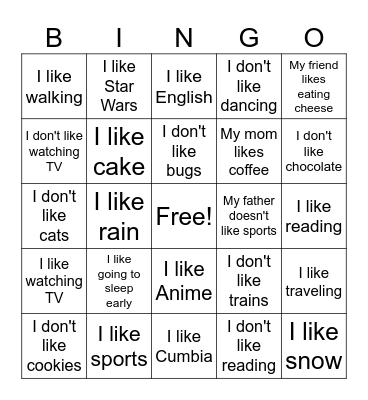 Like, Dont like, Hate, Love Bingo Card