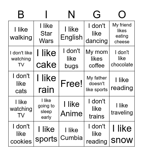 Like, Dont like, Hate, Love Bingo Card