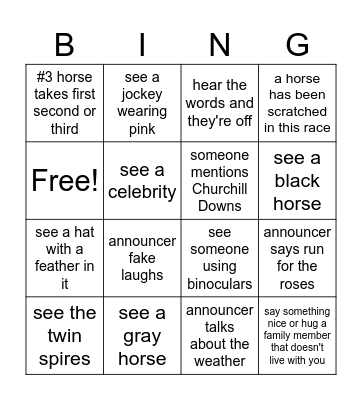Derby Bingo Race # Bingo Card
