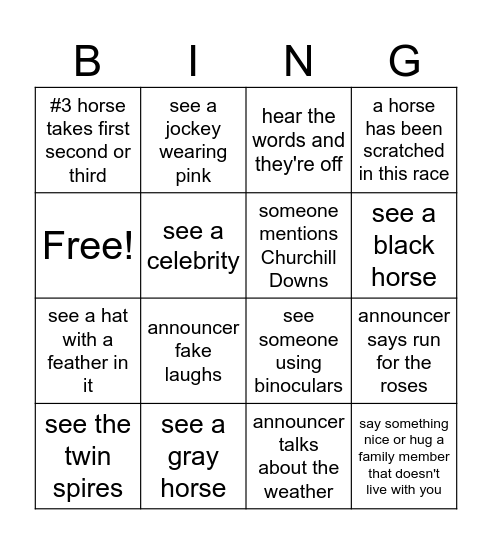 Derby Bingo Race # Bingo Card